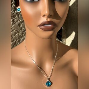 Trendy Silver & Light Blue Clover Necklace & Earring Set